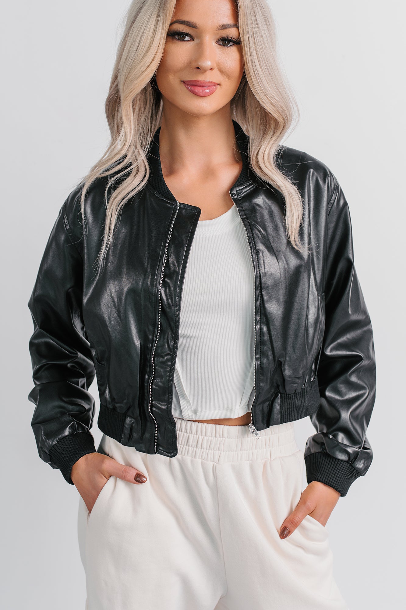 Crown Moment Faux Leather Crop Jacket (Black) - NanaMacs
