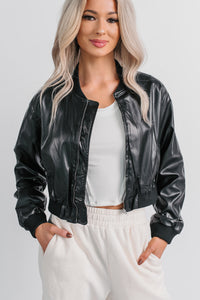 Crown Moment Faux Leather Crop Jacket (Black) - NanaMacs