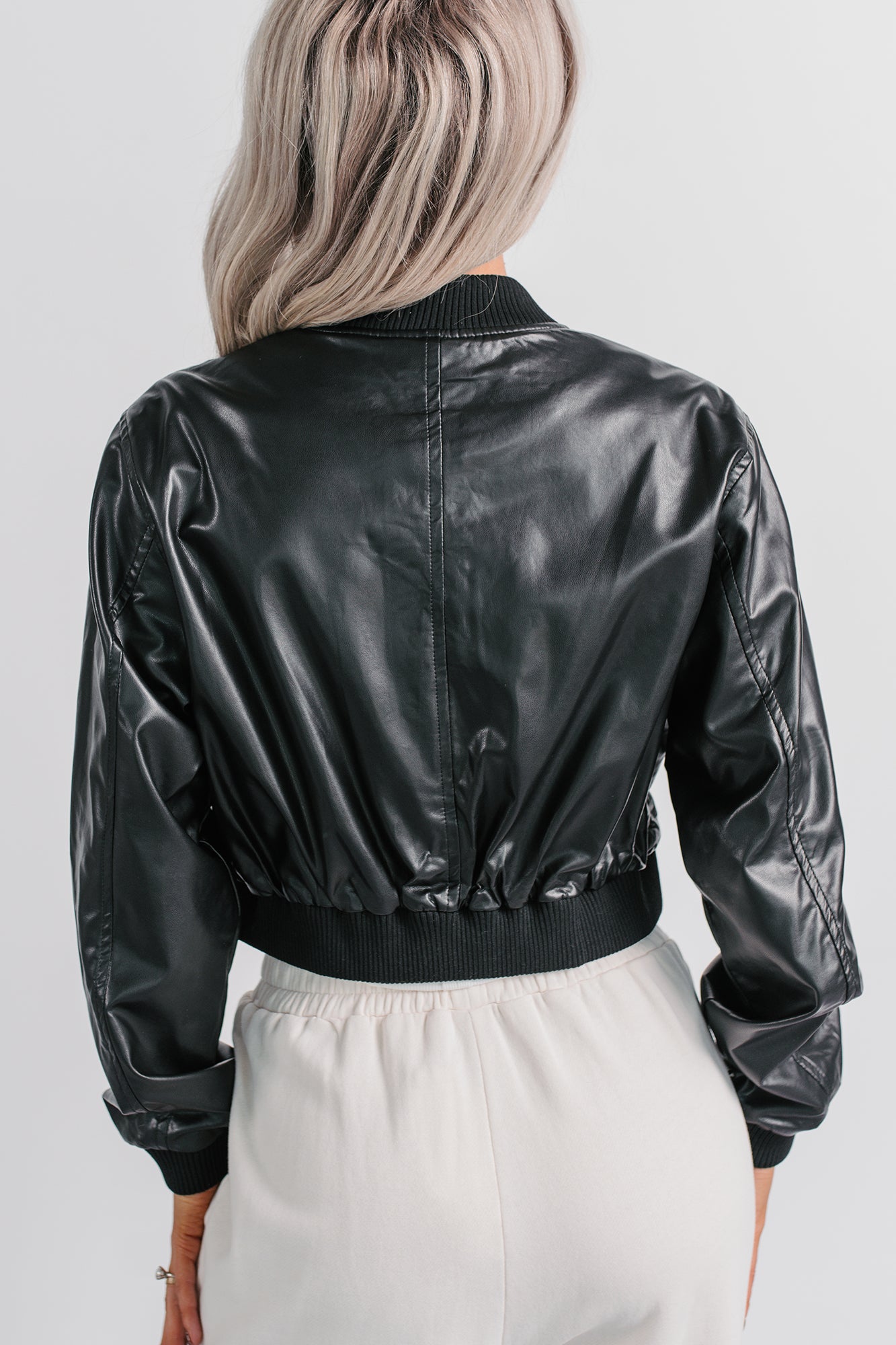 Crown Moment Faux Leather Crop Jacket (Black) - NanaMacs