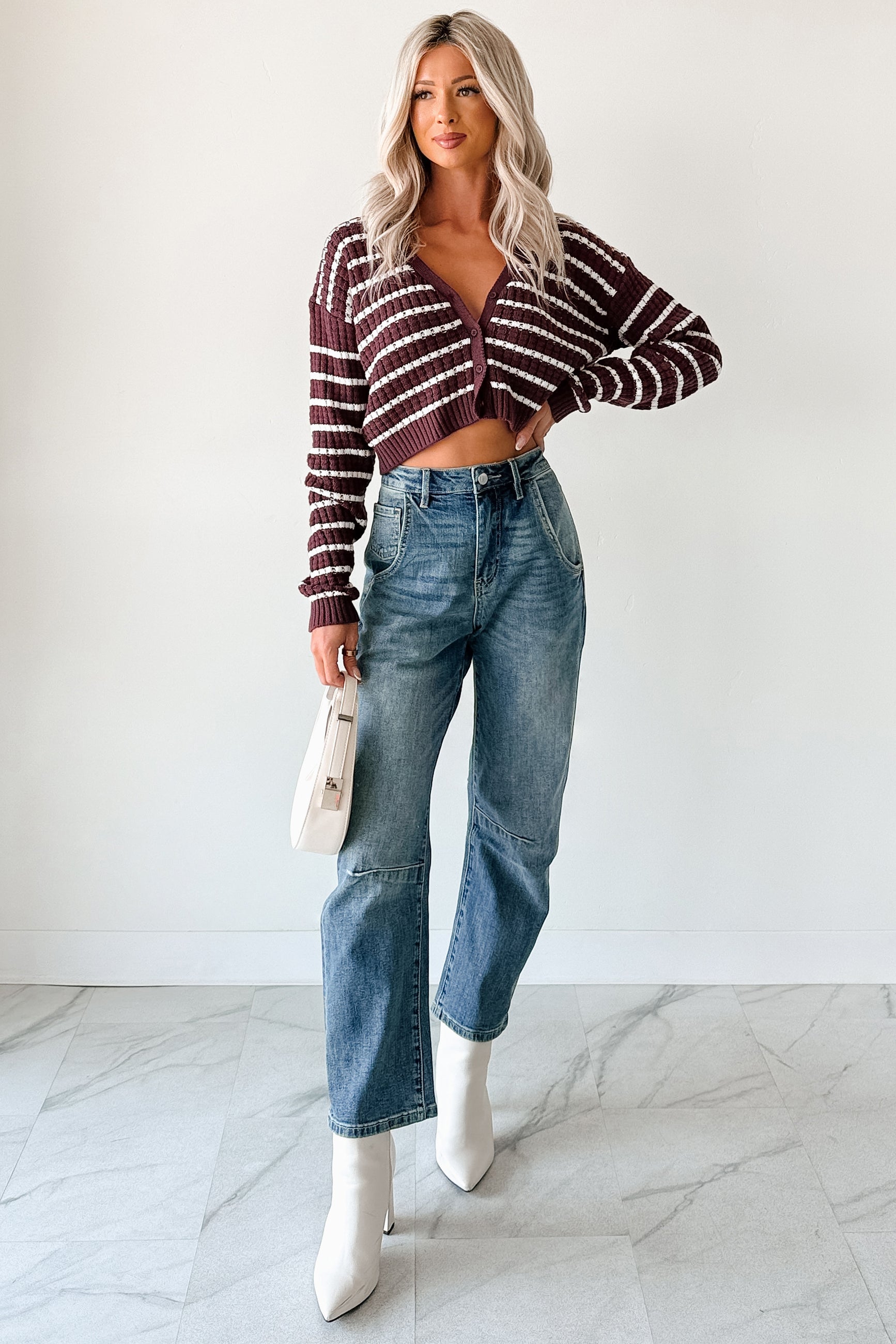 Relax & Flow Striped V Neck Cardigan Top (Dark Cherry/White) - NanaMacs