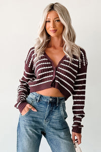 Relax & Flow Striped V Neck Cardigan Top (Dark Cherry/White) - NanaMacs