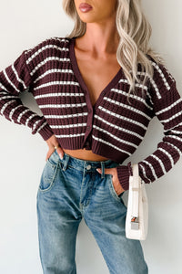 Relax & Flow Striped V Neck Cardigan Top (Dark Cherry/White) - NanaMacs