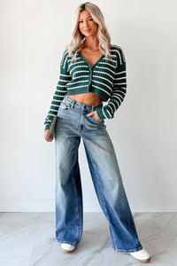 Relax & Flow Striped V Neck Cardigan Top (Dark Green/White) - NanaMacs