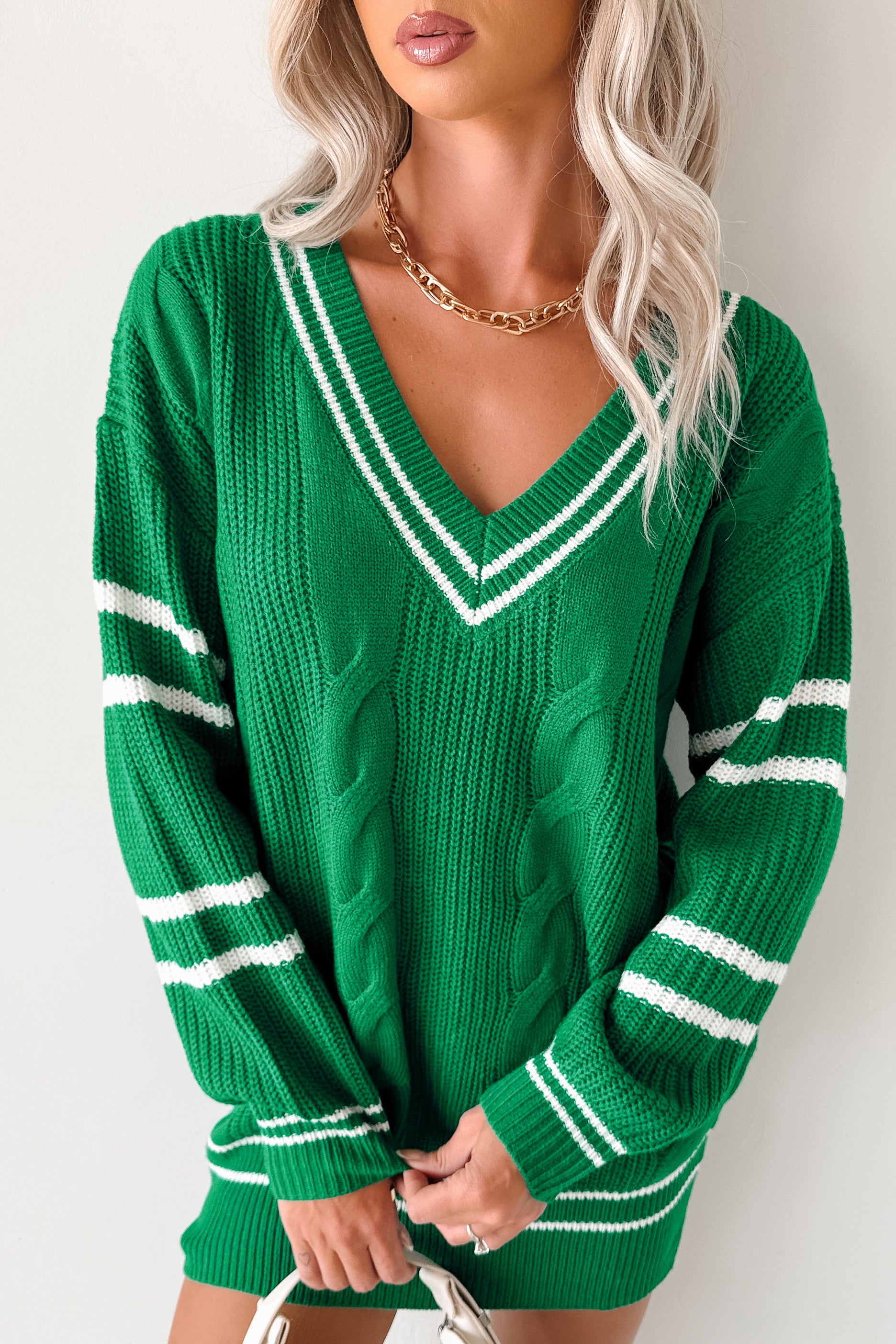 In This Moment Cable Knit Striped Sweater (Green) - NanaMacs