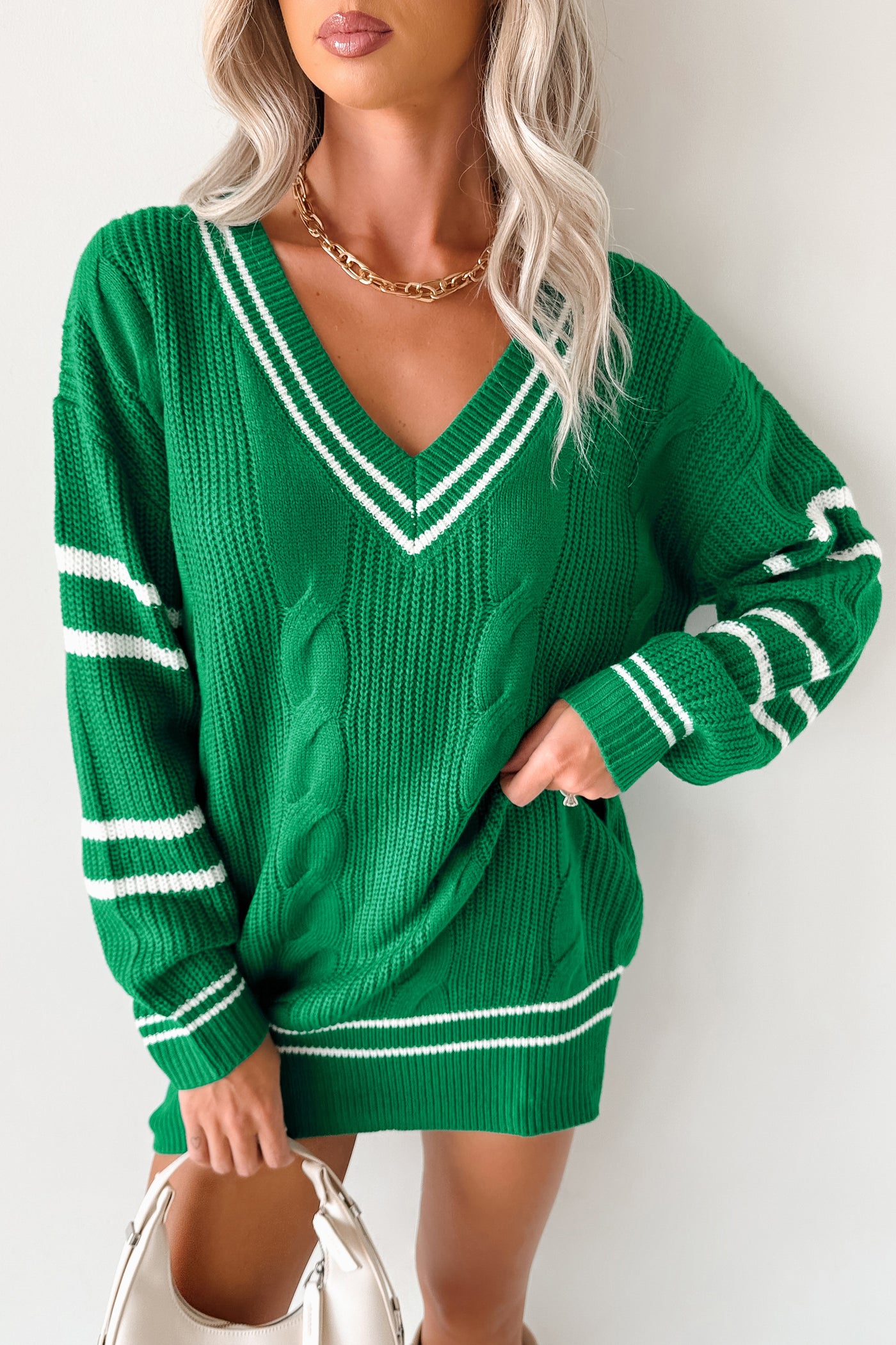 In This Moment Cable Knit Striped Sweater (Green) - NanaMacs
