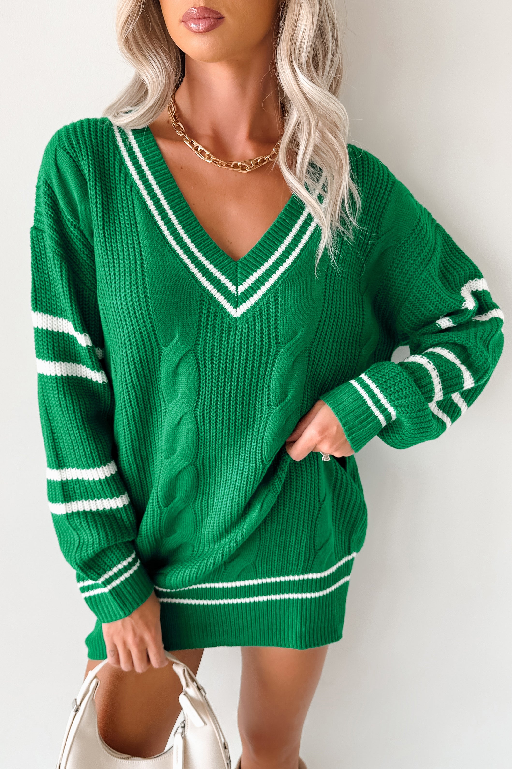 In This Moment Cable Knit Striped Sweater (Green) - NanaMacs