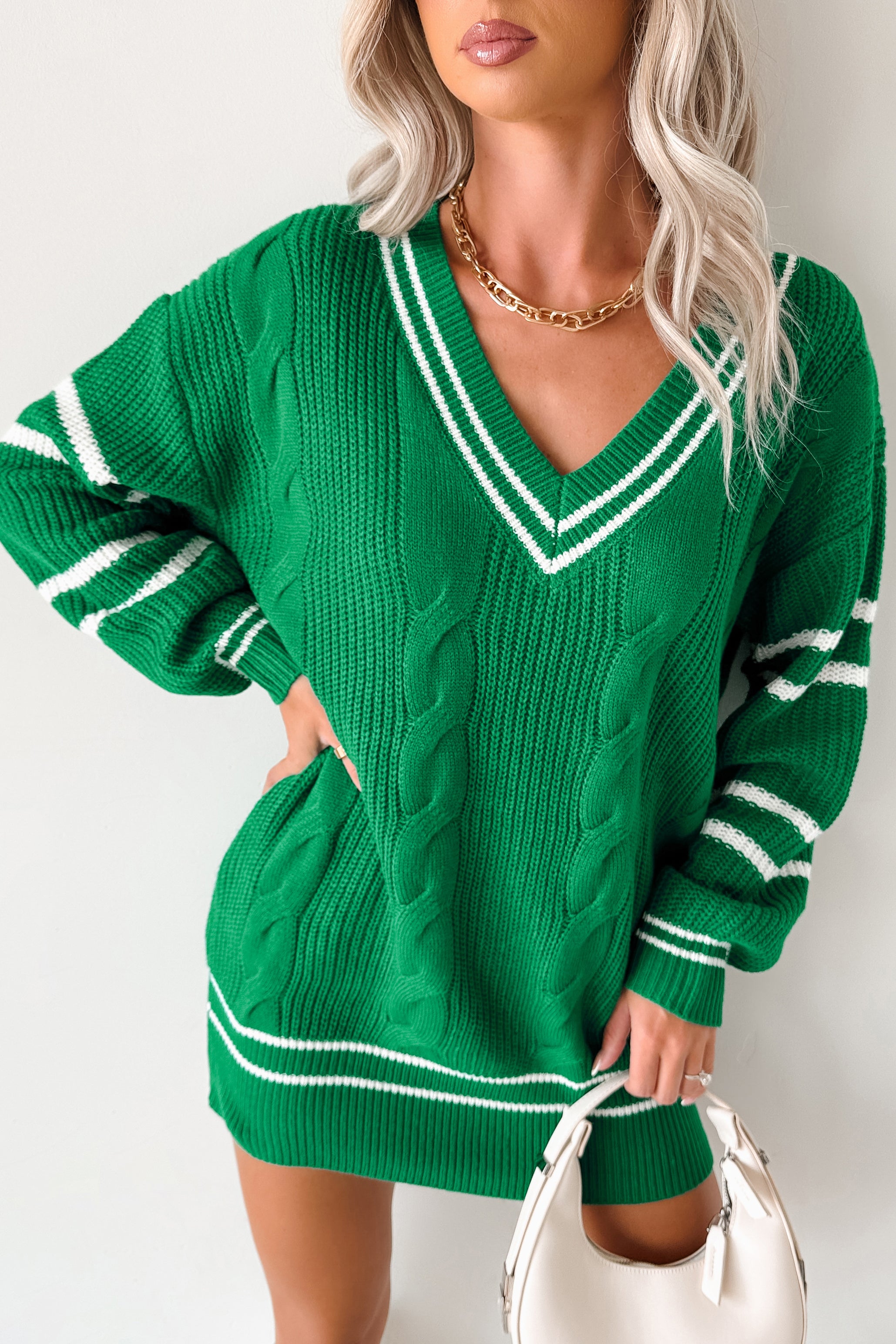 In This Moment Cable Knit Striped Sweater (Green) - NanaMacs