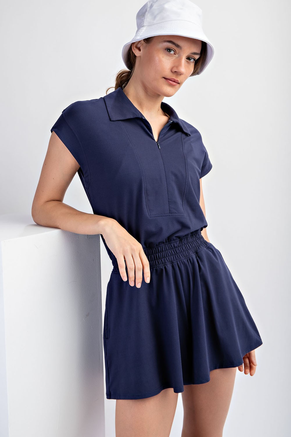 PREORDER Giselle Quarter-Zip Romper (Navy) - NanaMacs