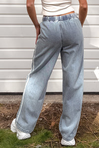 Kailer Side Stripe Wide Leg Drawstring Pants (Light Denim) - NanaMacs