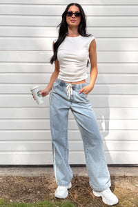 Kailer Side Stripe Wide Leg Drawstring Pants (Light Denim) - NanaMacs