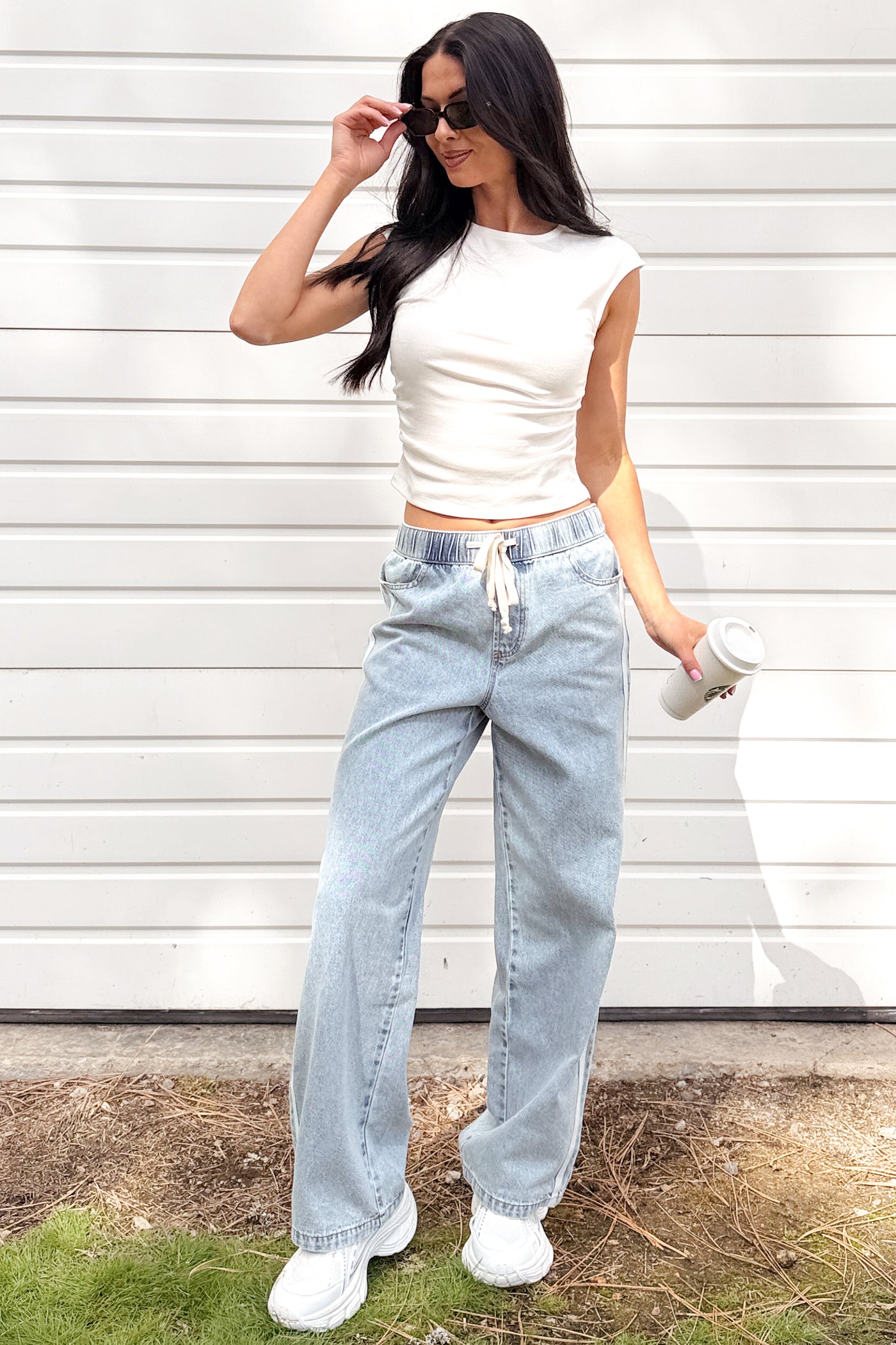 Kailer Side Stripe Wide Leg Drawstring Pants (Light Denim) - NanaMacs