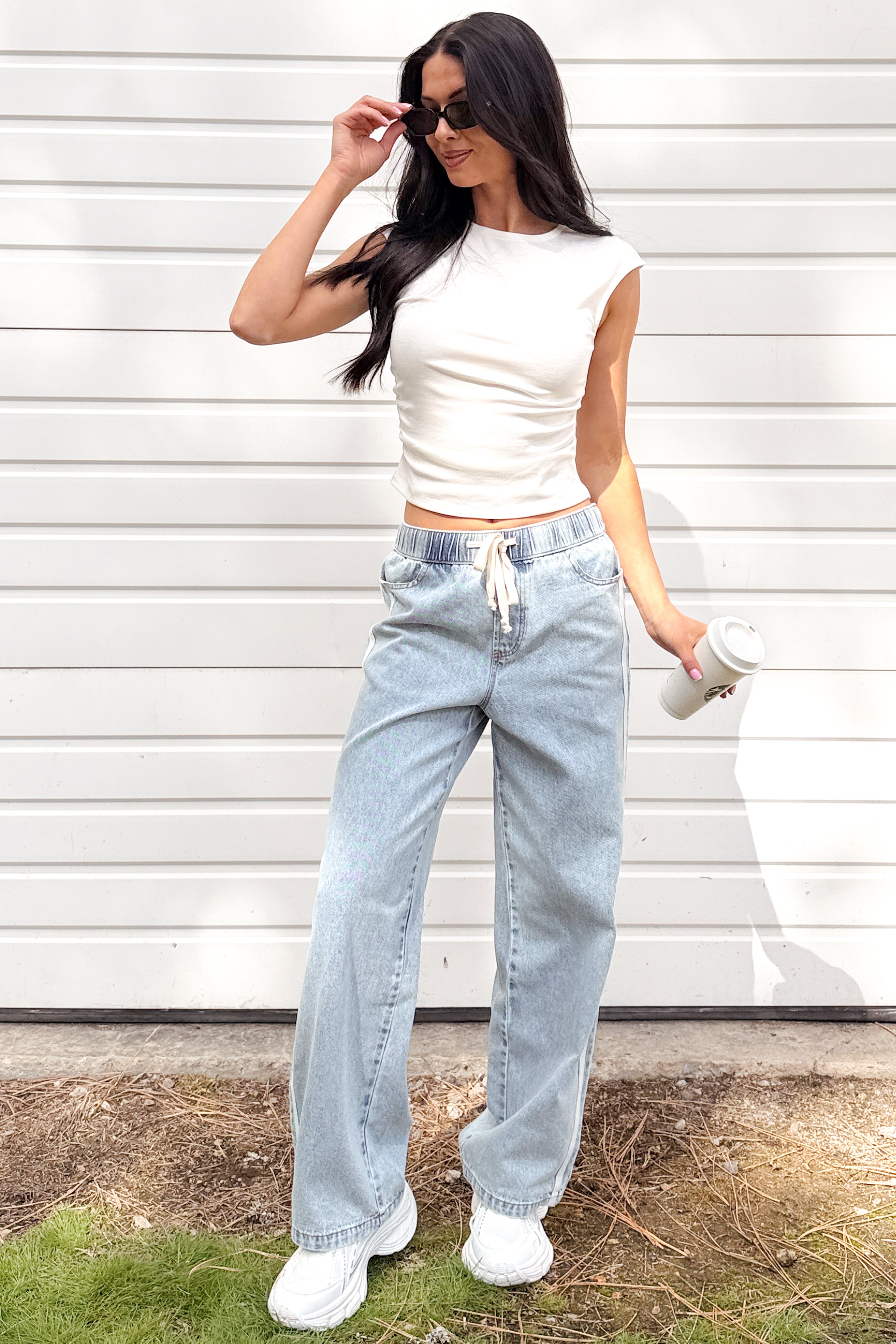 Kailer Side Stripe Wide Leg Drawstring Pants (Light Denim) - NanaMacs