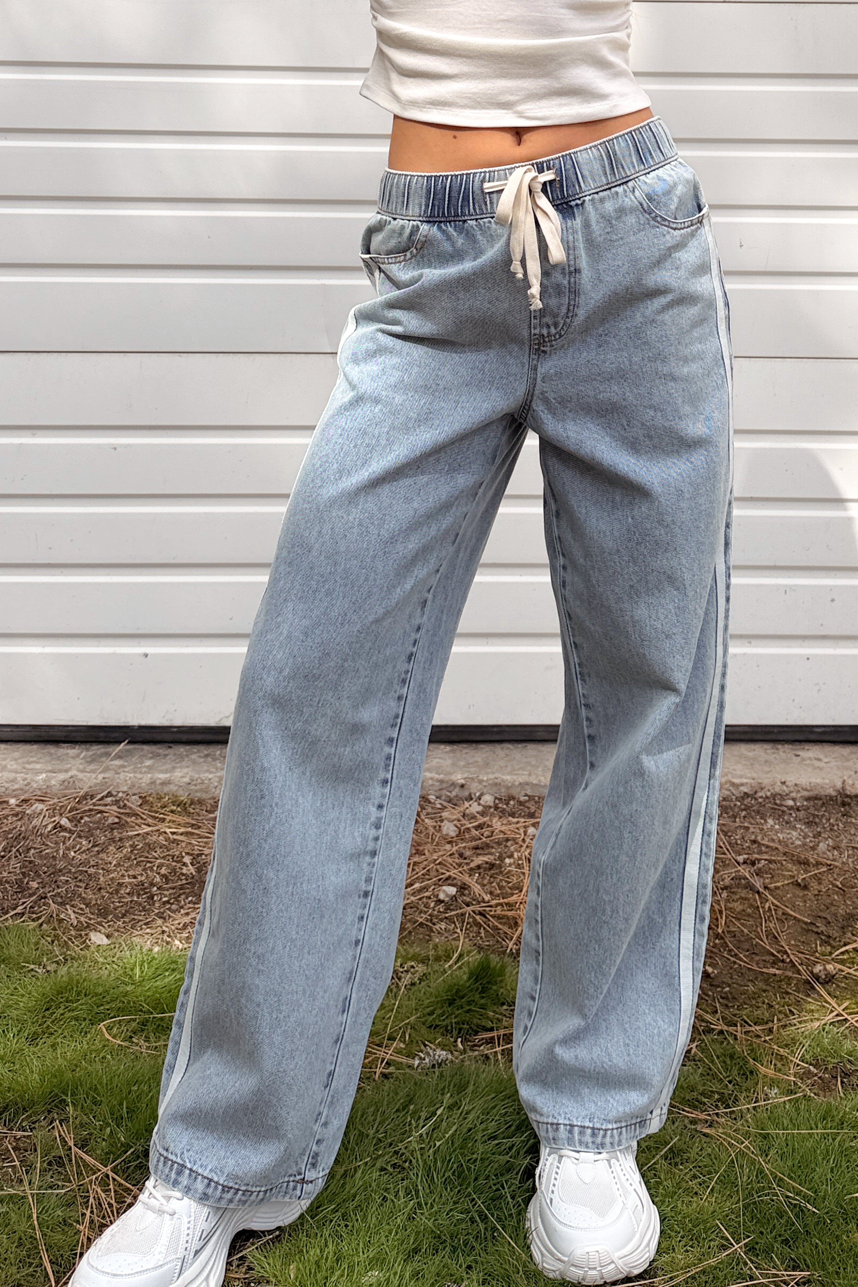 Kailer Side Stripe Wide Leg Drawstring Pants (Light Denim) - NanaMacs