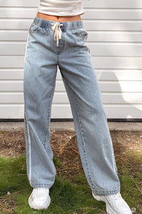 Kailer Side Stripe Wide Leg Drawstring Pants (Light Denim) - NanaMacs