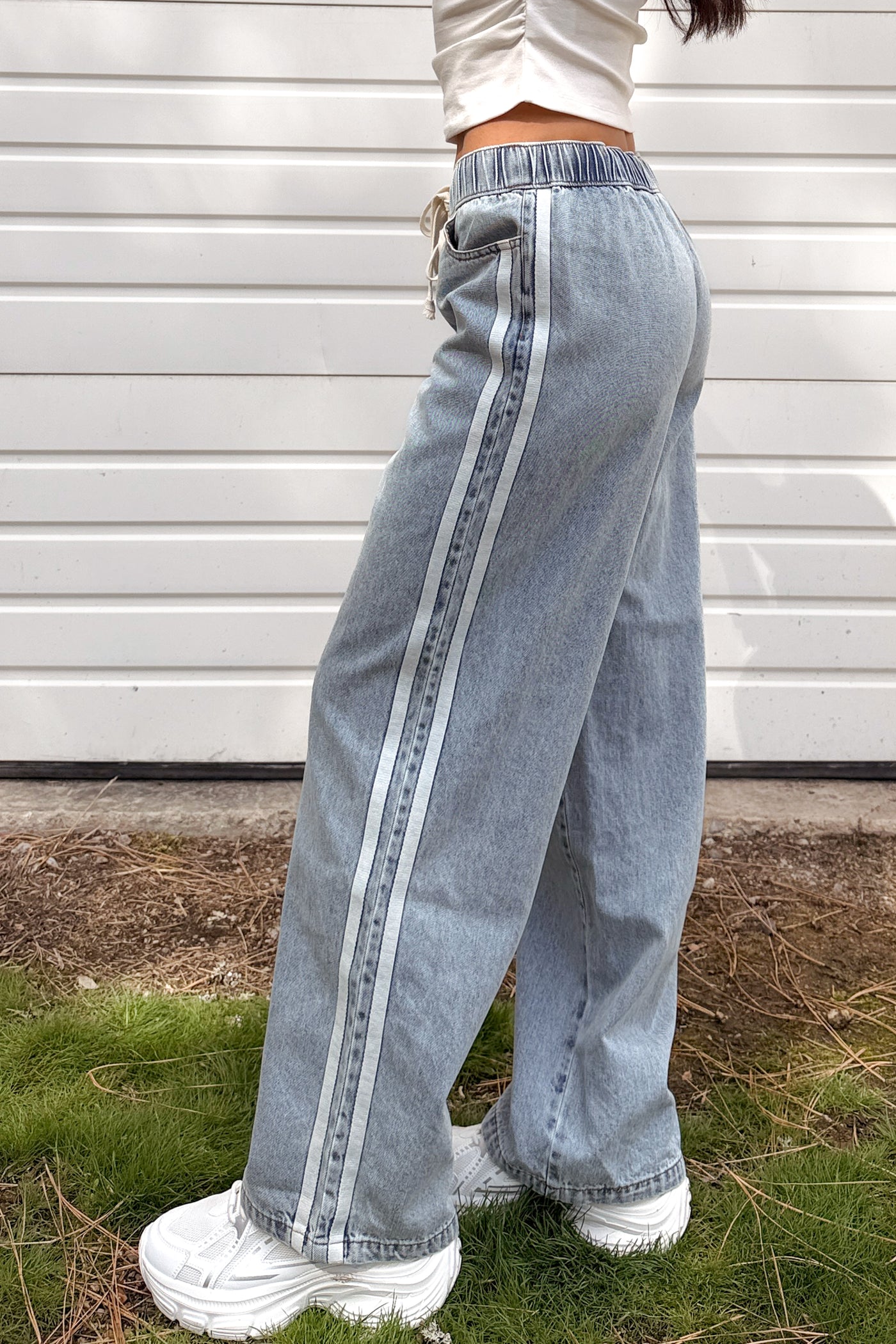 Kailer Side Stripe Wide Leg Drawstring Pants (Light Denim) - NanaMacs