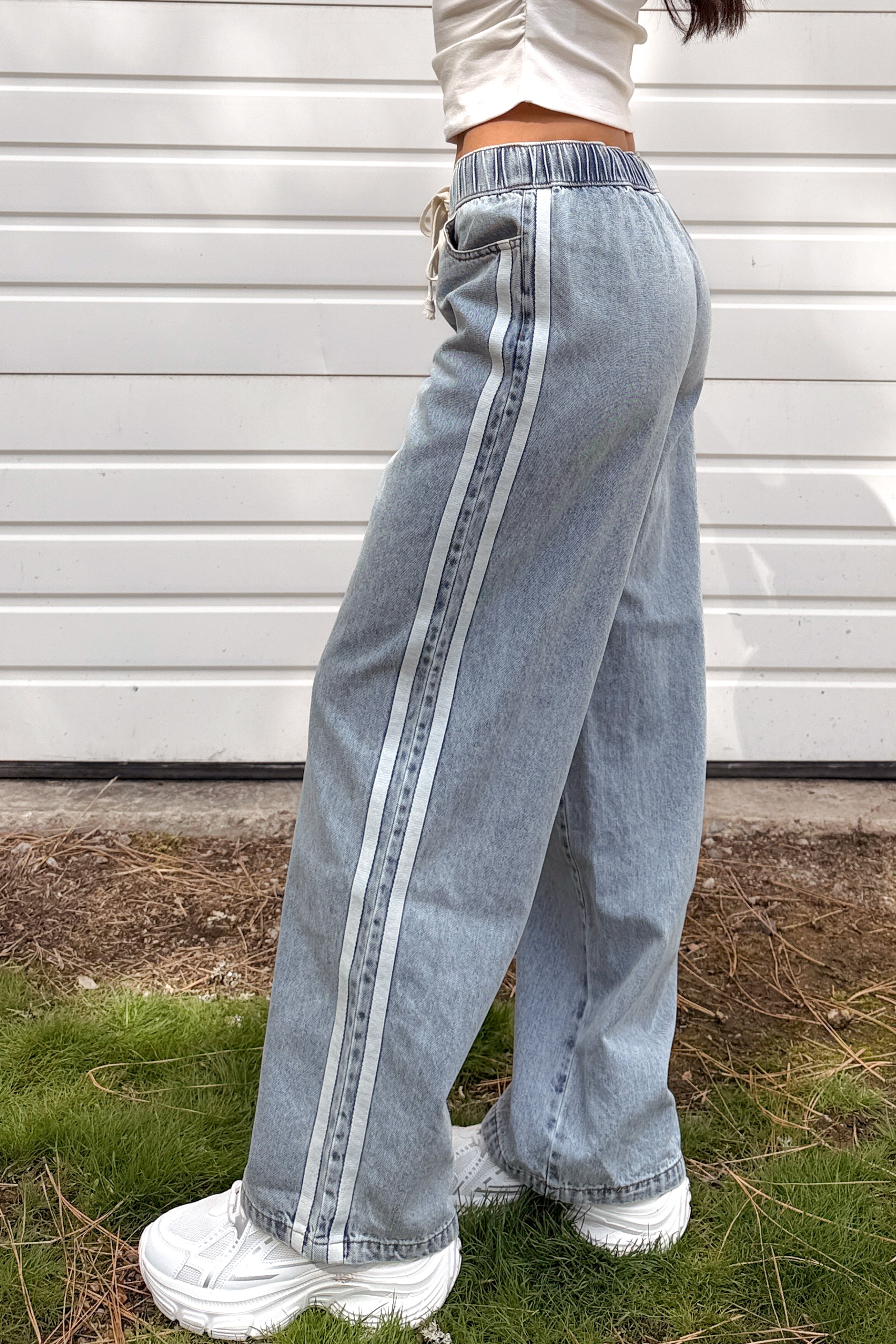 Kailer Side Stripe Wide Leg Drawstring Pants (Light Denim) - NanaMacs