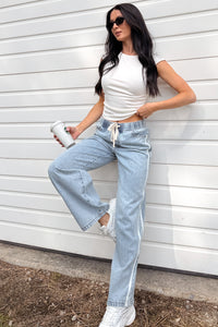 Kailer Side Stripe Wide Leg Drawstring Pants (Light Denim) - NanaMacs