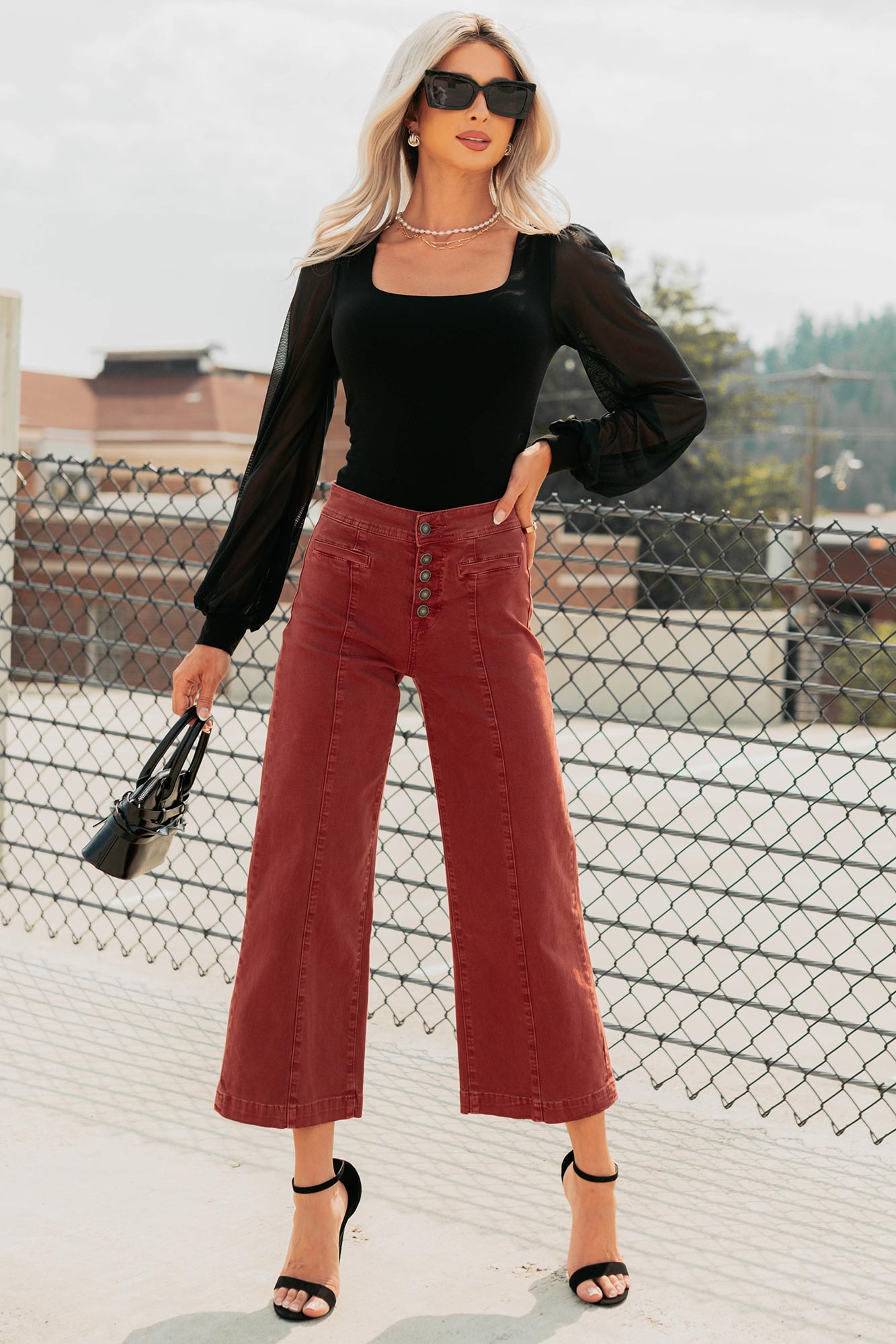 Frances Wide Leg Cropped Mica Denim Jeans (Dark Red) - NanaMacs