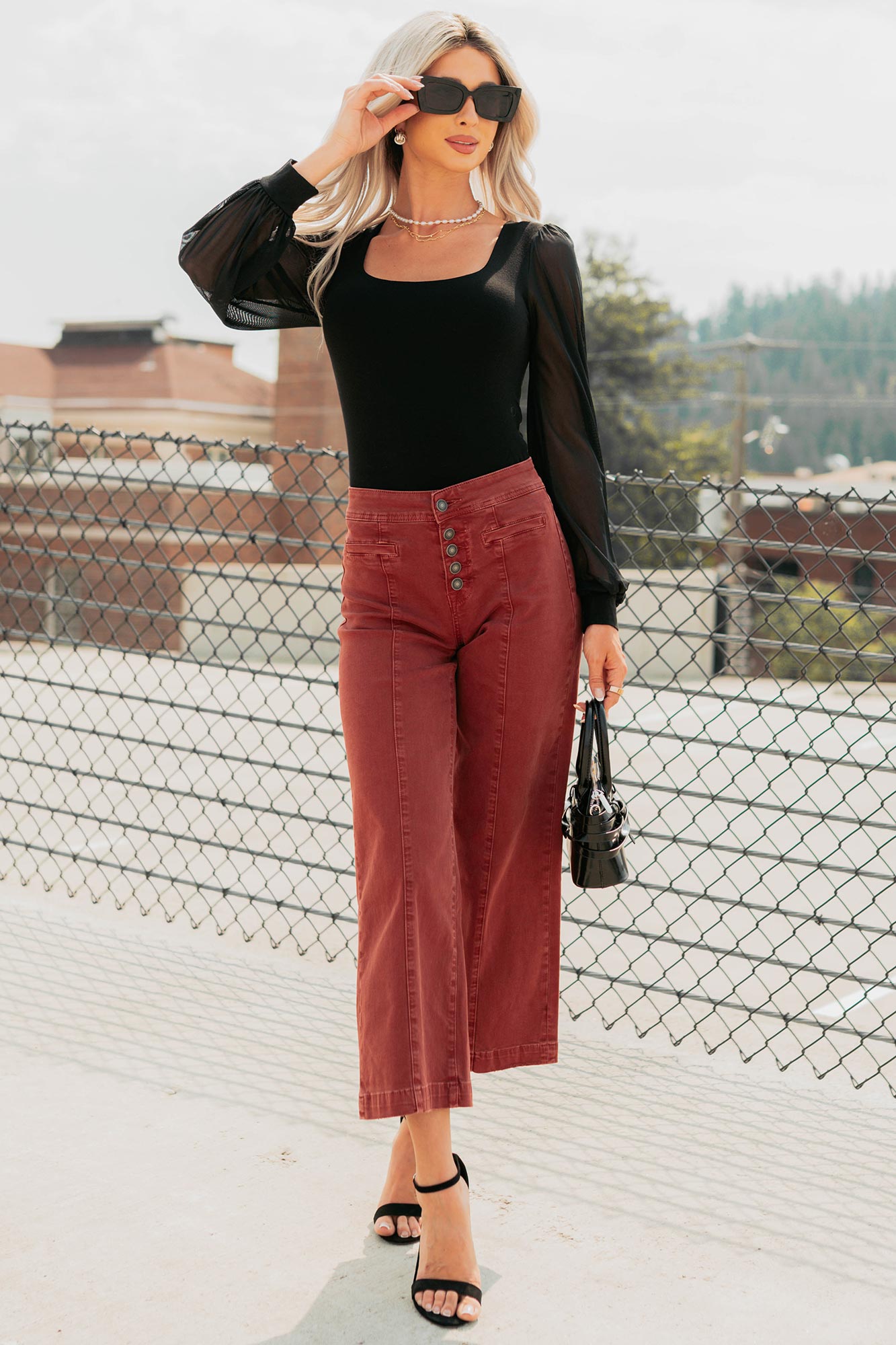 Frances Wide Leg Cropped Mica Denim Jeans (Dark Red) - NanaMacs