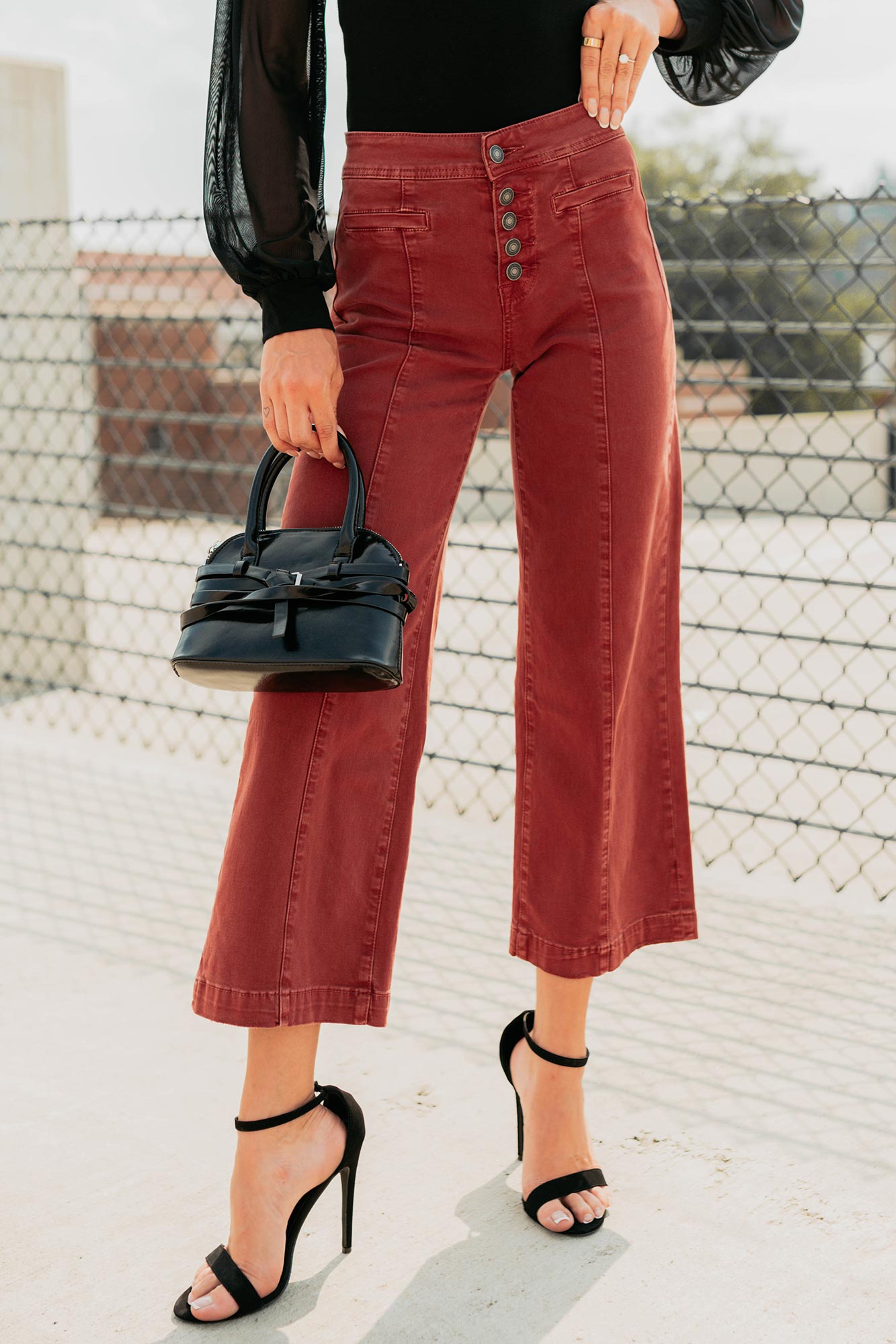 Frances Wide Leg Cropped Mica Denim Jeans (Dark Red) - NanaMacs