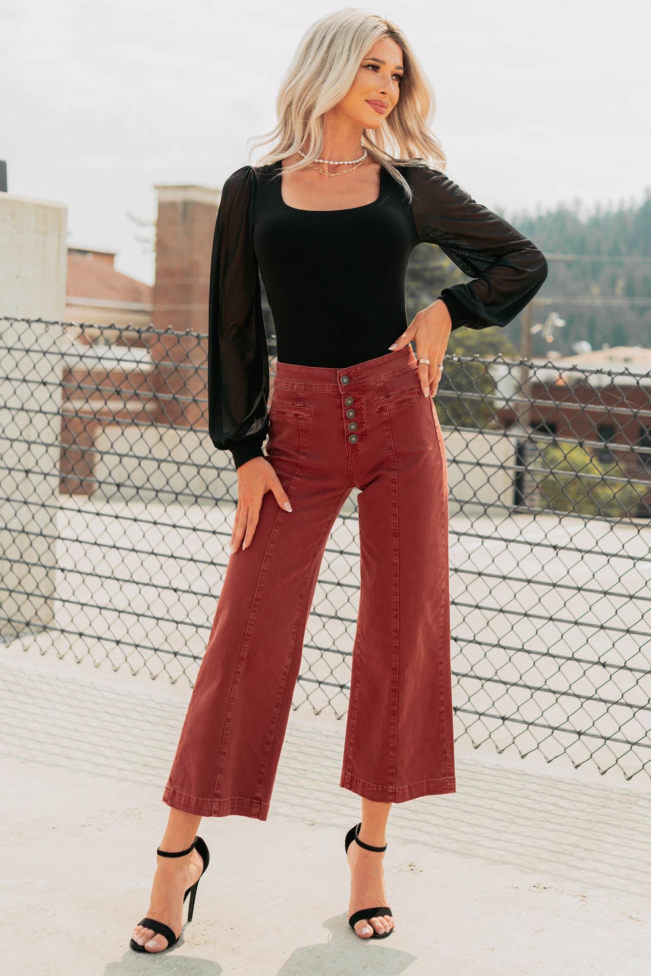 Frances Wide Leg Cropped Mica Denim Jeans (Dark Red) · NanaMacs