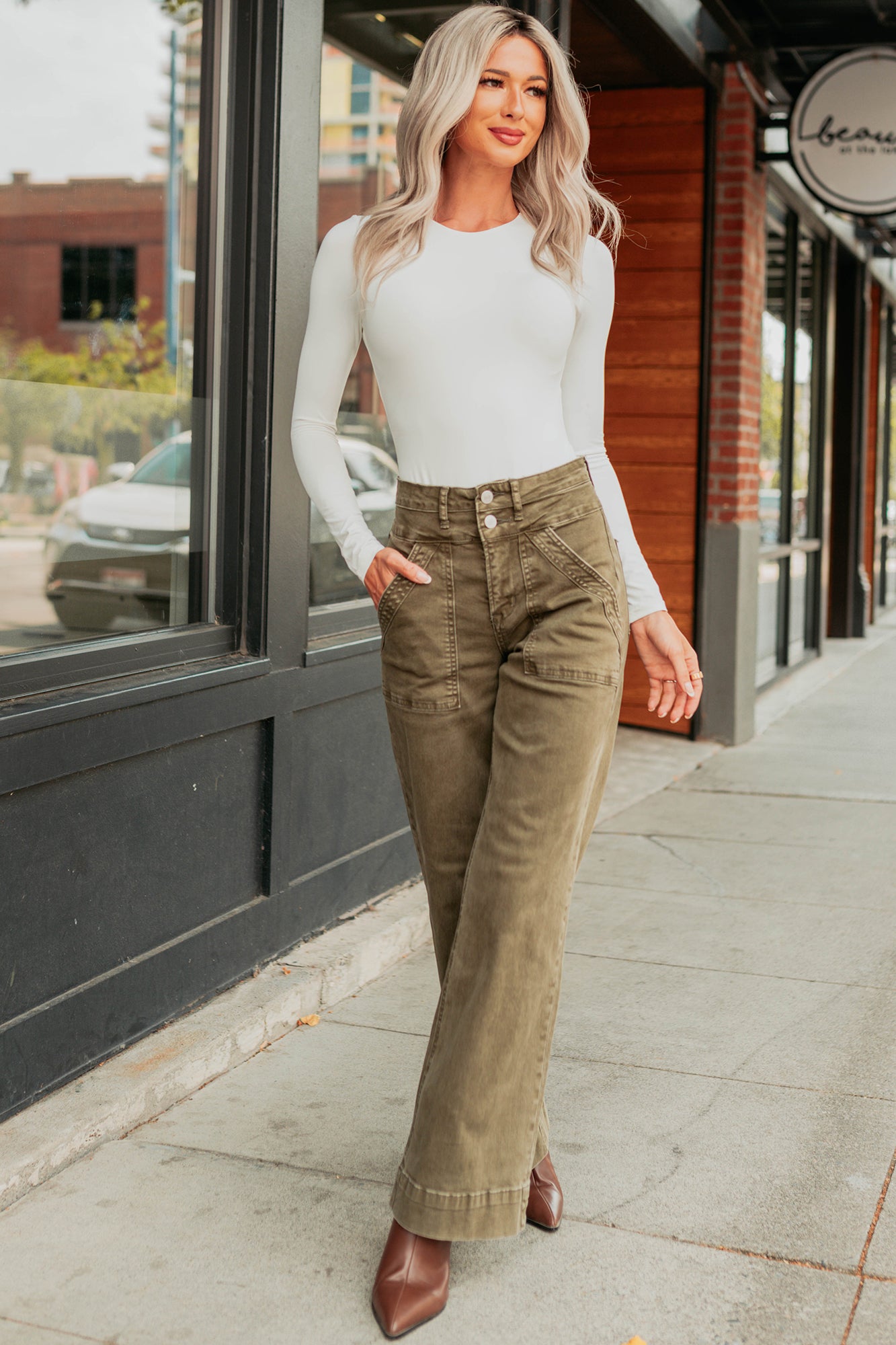 Henley Wide Leg Mica Denim Jeans (Fern Green) - NanaMacs