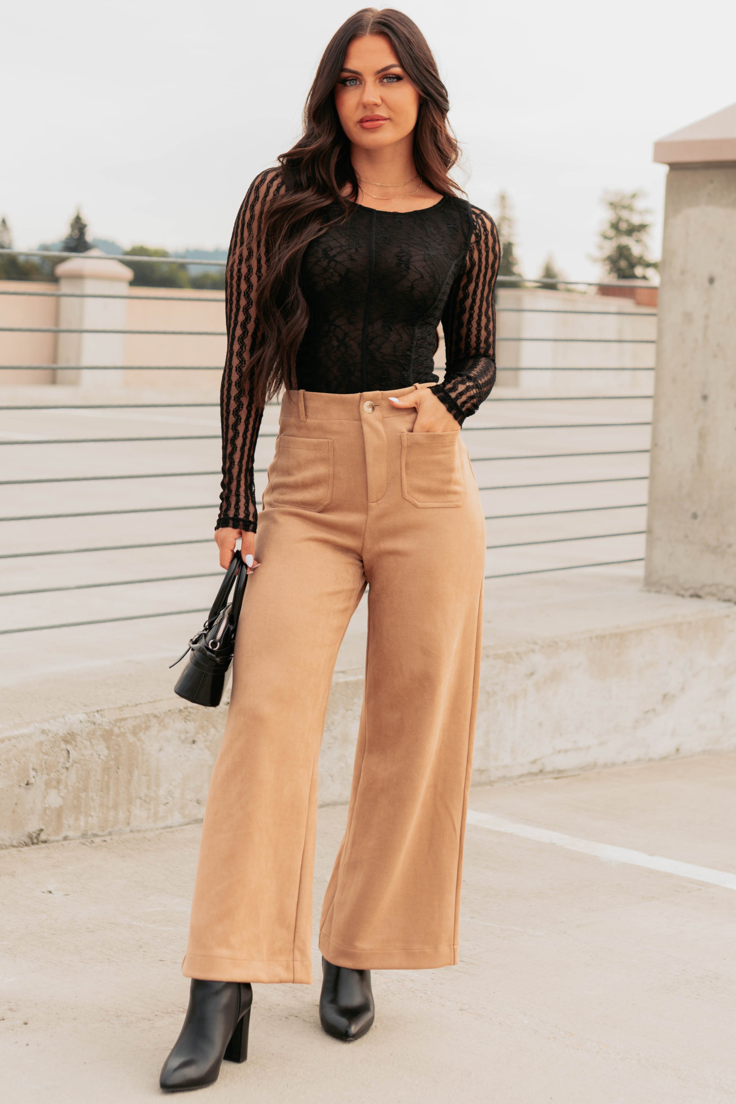 Casual Elegance Faux Suede Wide Leg Pants (Camel) · NanaMacs