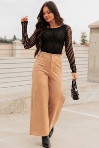 Casual Elegance Faux Suede Wide Leg Pants (Camel) - NanaMacs