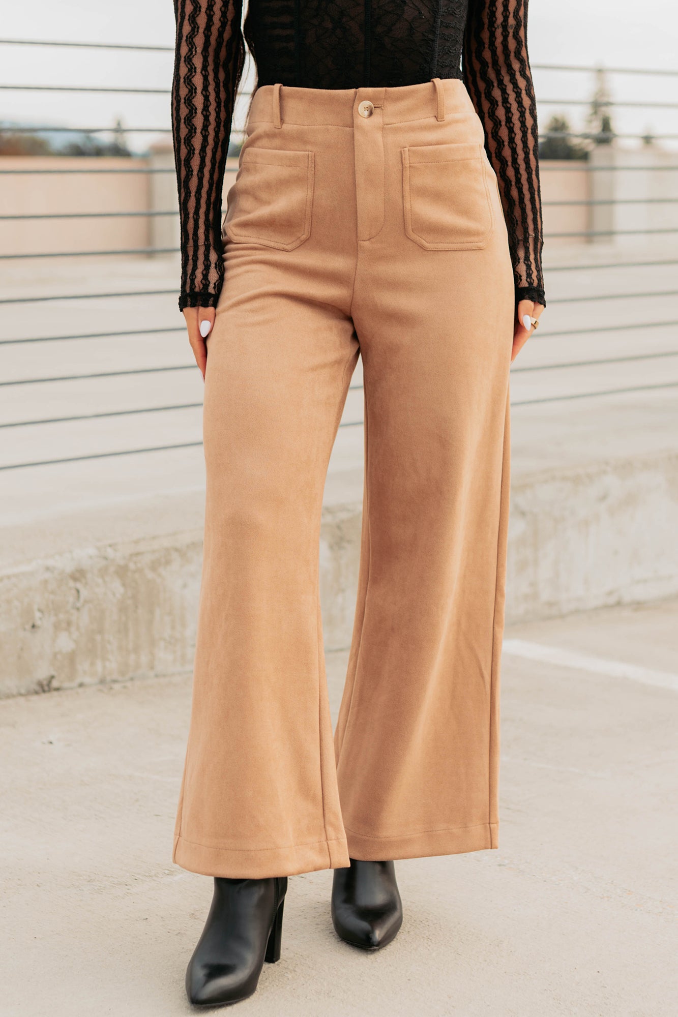 Casual Elegance Faux Suede Wide Leg Pants (Camel) - NanaMacs