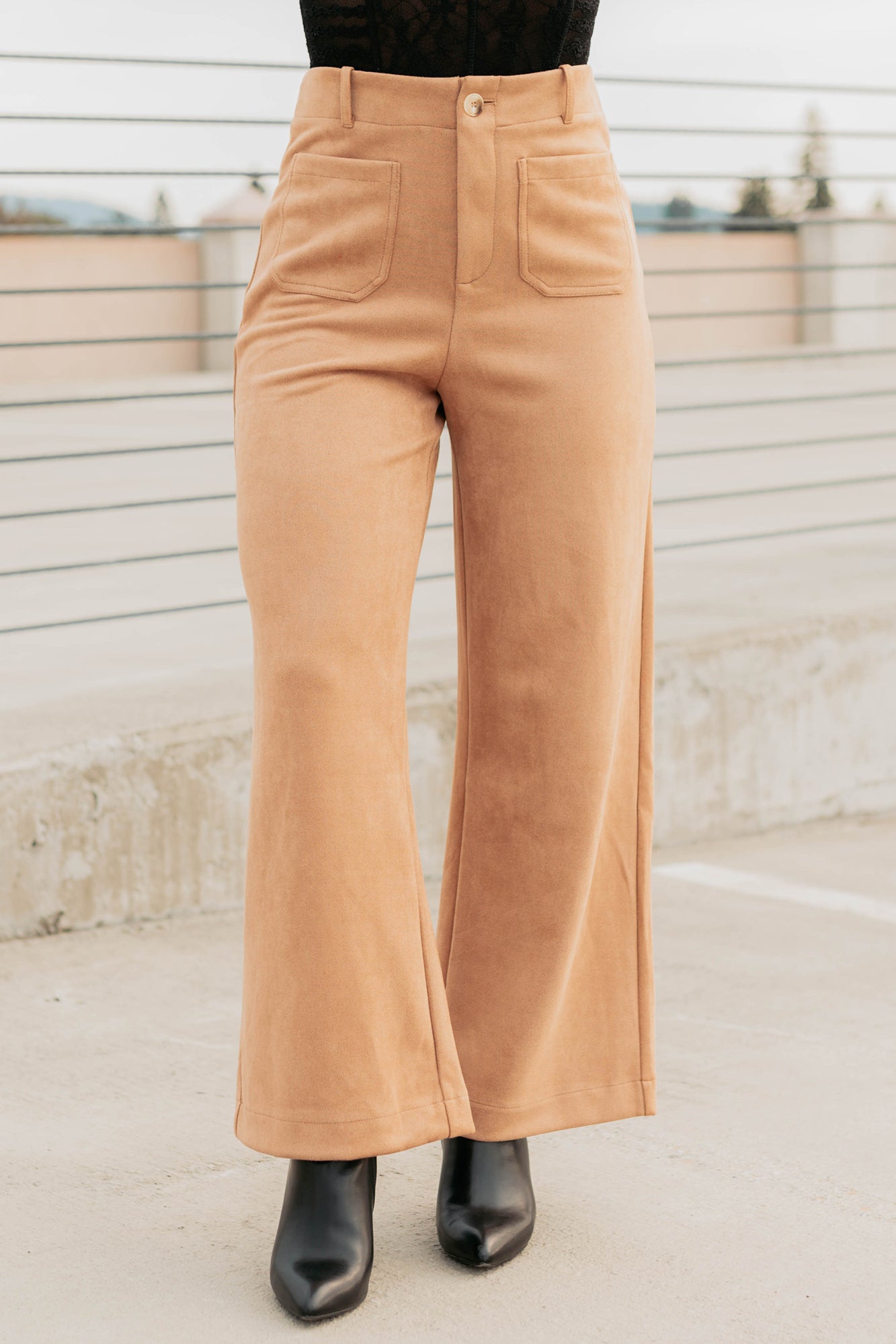Casual Elegance Faux Suede Wide Leg Pants (Camel) - NanaMacs