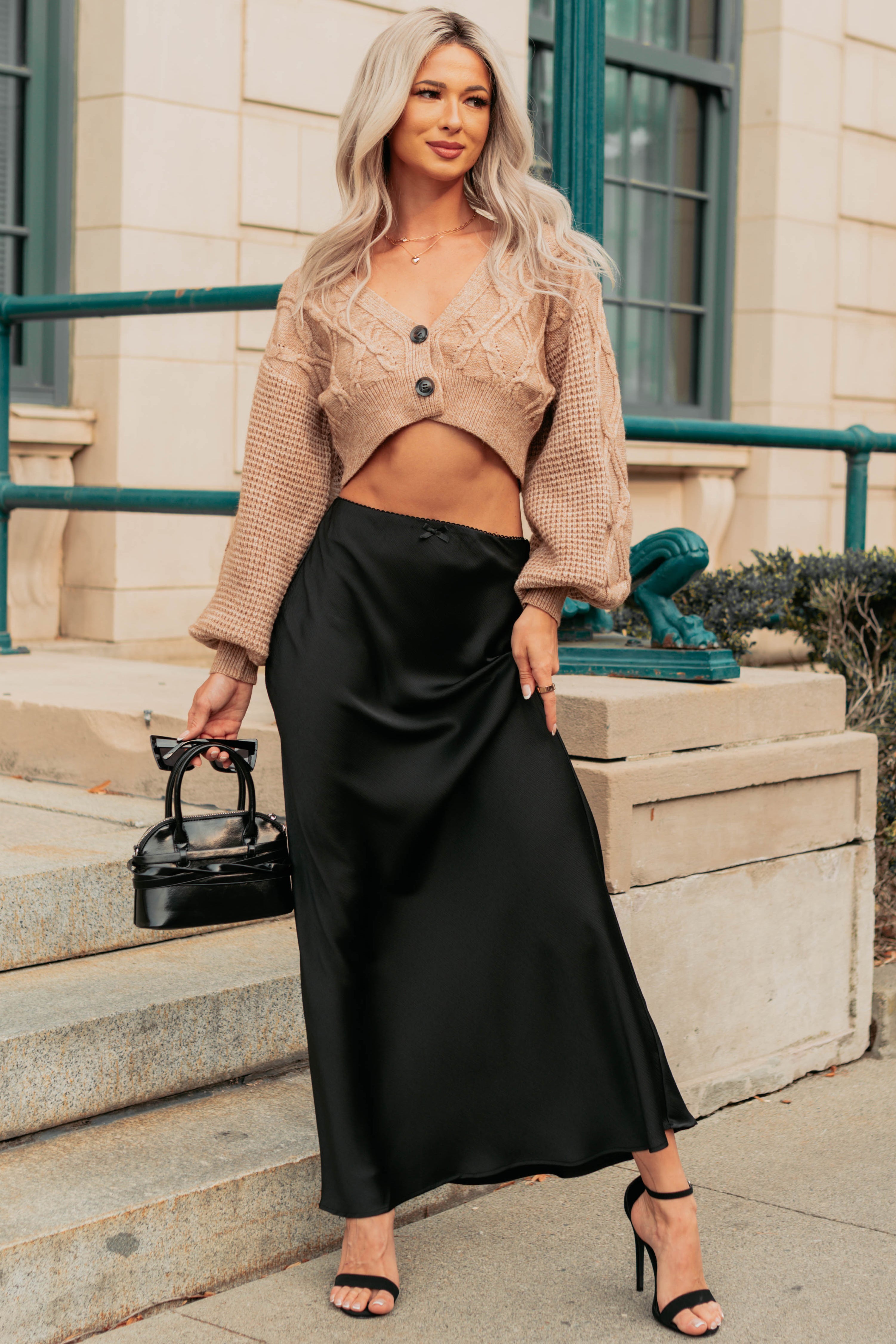 True Escapism Cropped Cable Knit Cardigan (Taupe) · NanaMacs