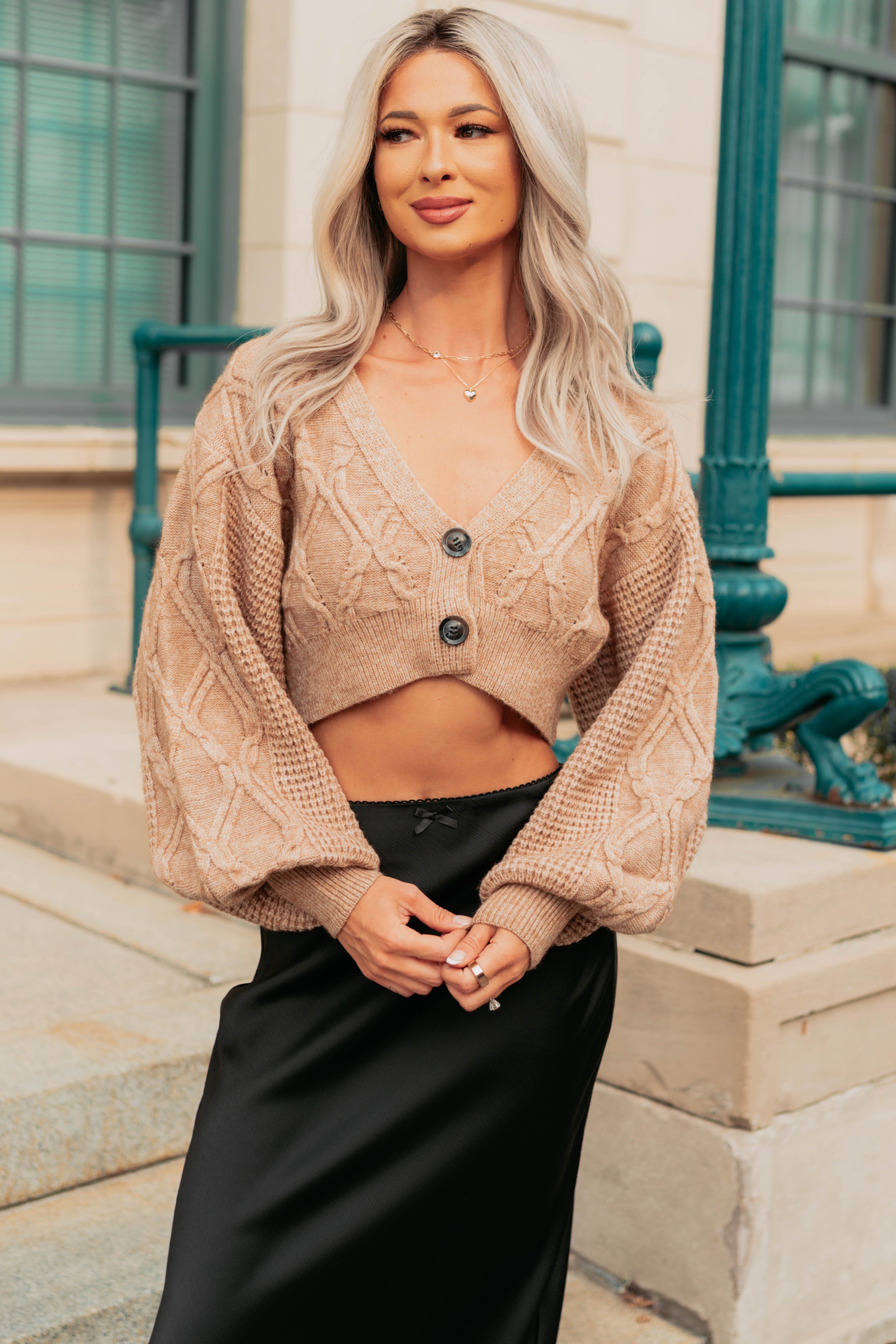 True Escapism Cropped Cable Knit Cardigan (Taupe) · NanaMacs