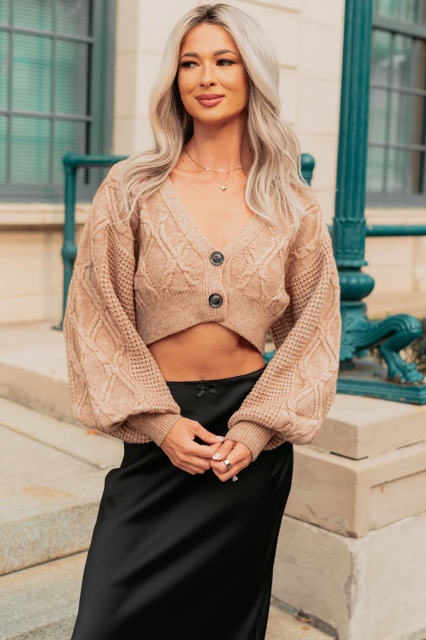 True Escapism Cropped Cable Knit Cardigan (Taupe) - NanaMacs