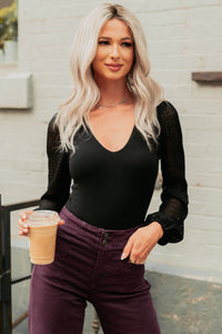 Fairytale Feeling Balloon Lace Sleeve Bodysuit (Black) - NanaMacs