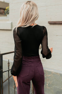 Fairytale Feeling Balloon Lace Sleeve Bodysuit (Black) - NanaMacs