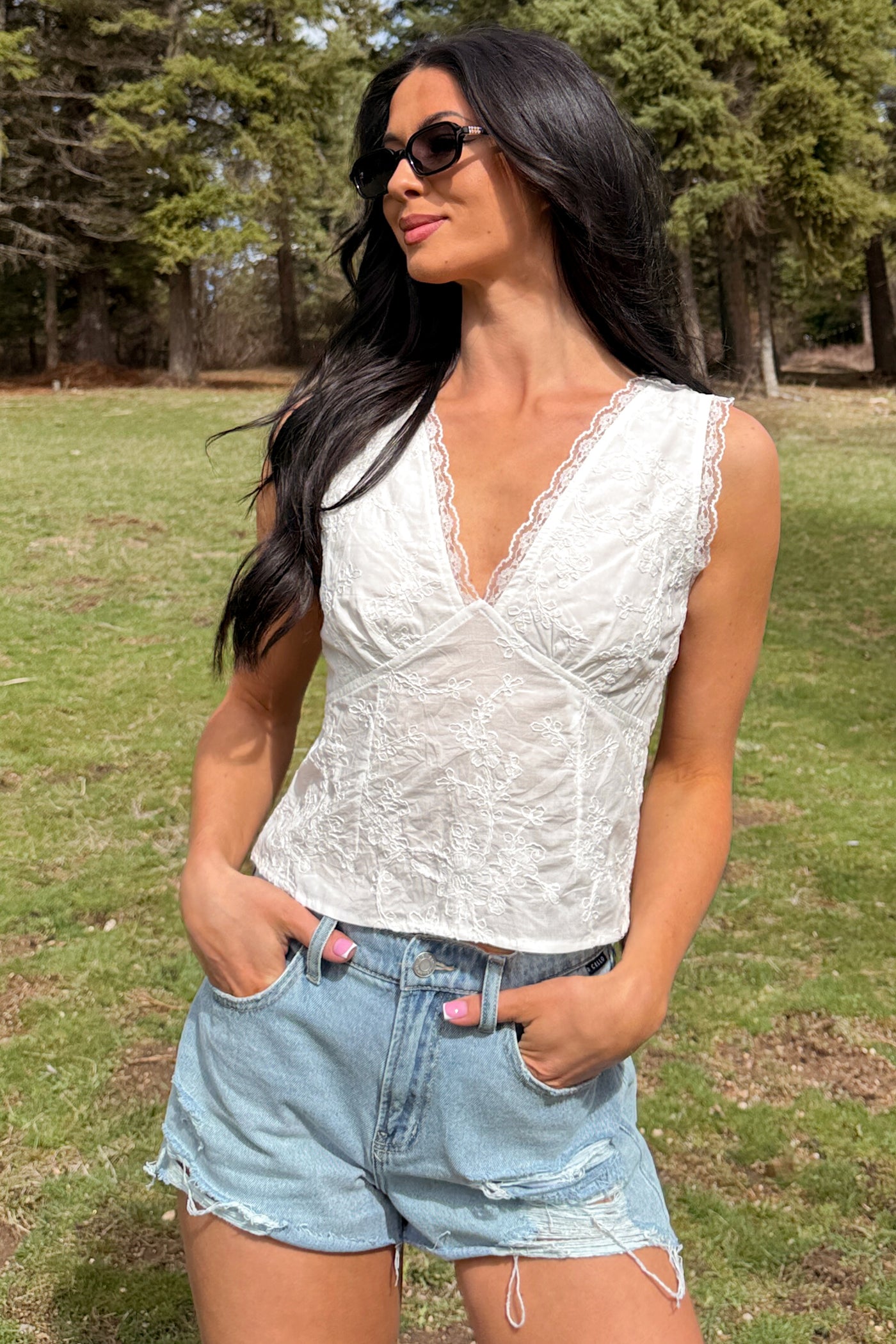 Look Twice Embroidered Open Back Tank Top (White) - NanaMacs