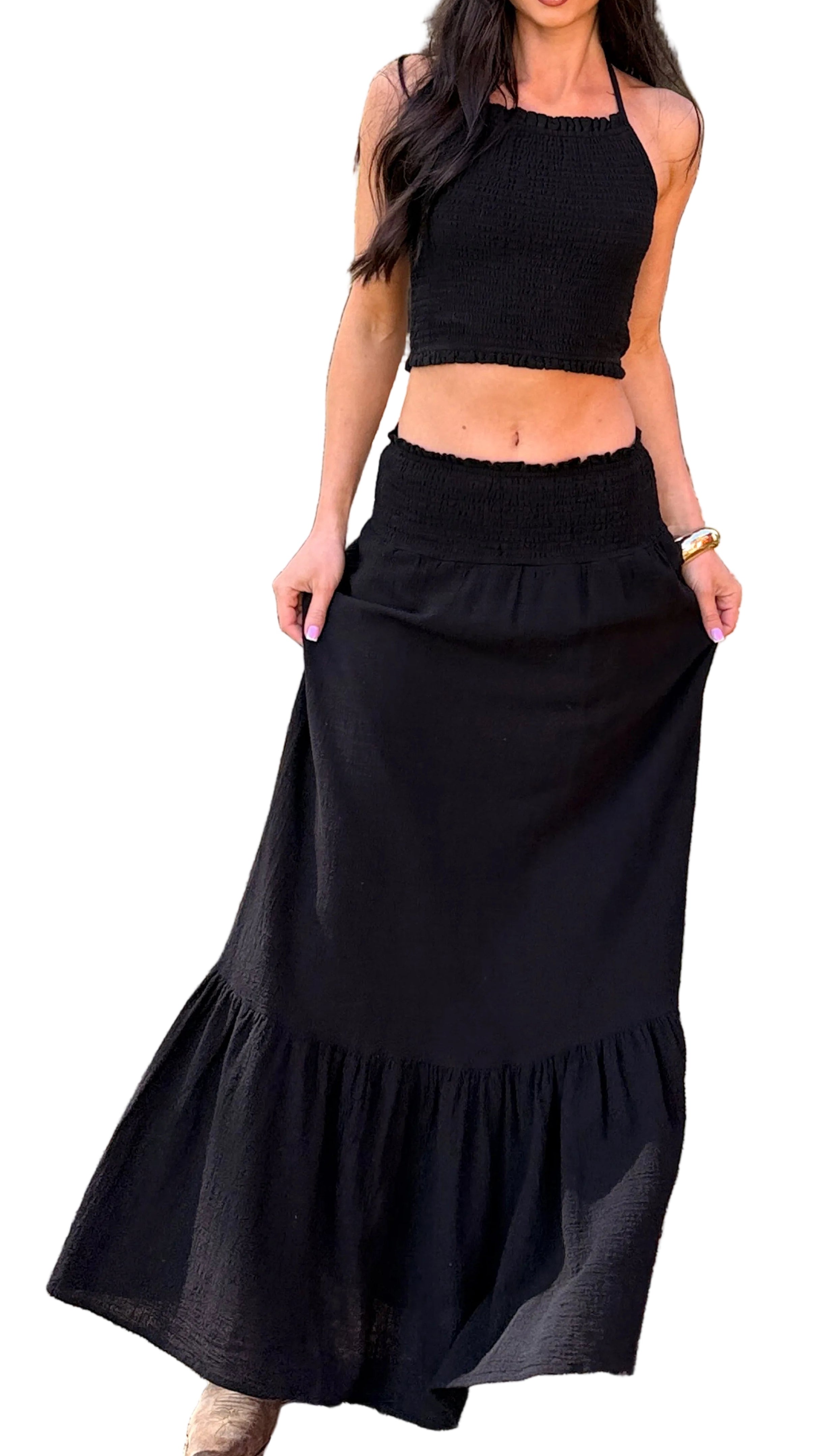 Made For Sunshine Halter Top And Maxi Skirt Set (Black) - NanaMacs