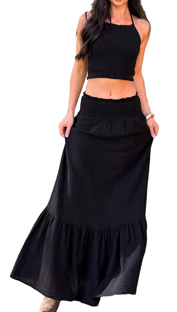 Made For Sunshine Halter Top And Maxi Skirt Set (Black) - NanaMacs