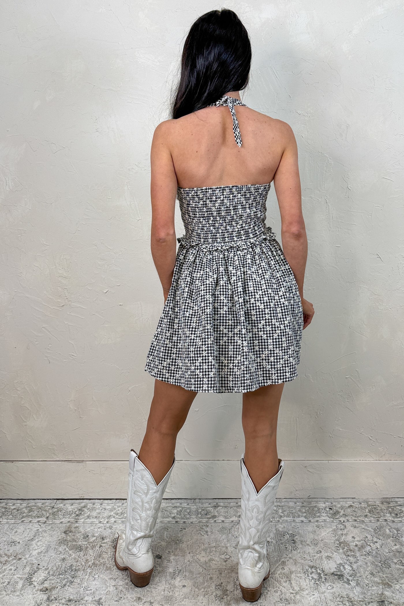 Naturally Cool Halter Embroidered Gingham Mini Dress (Black) - SMALL