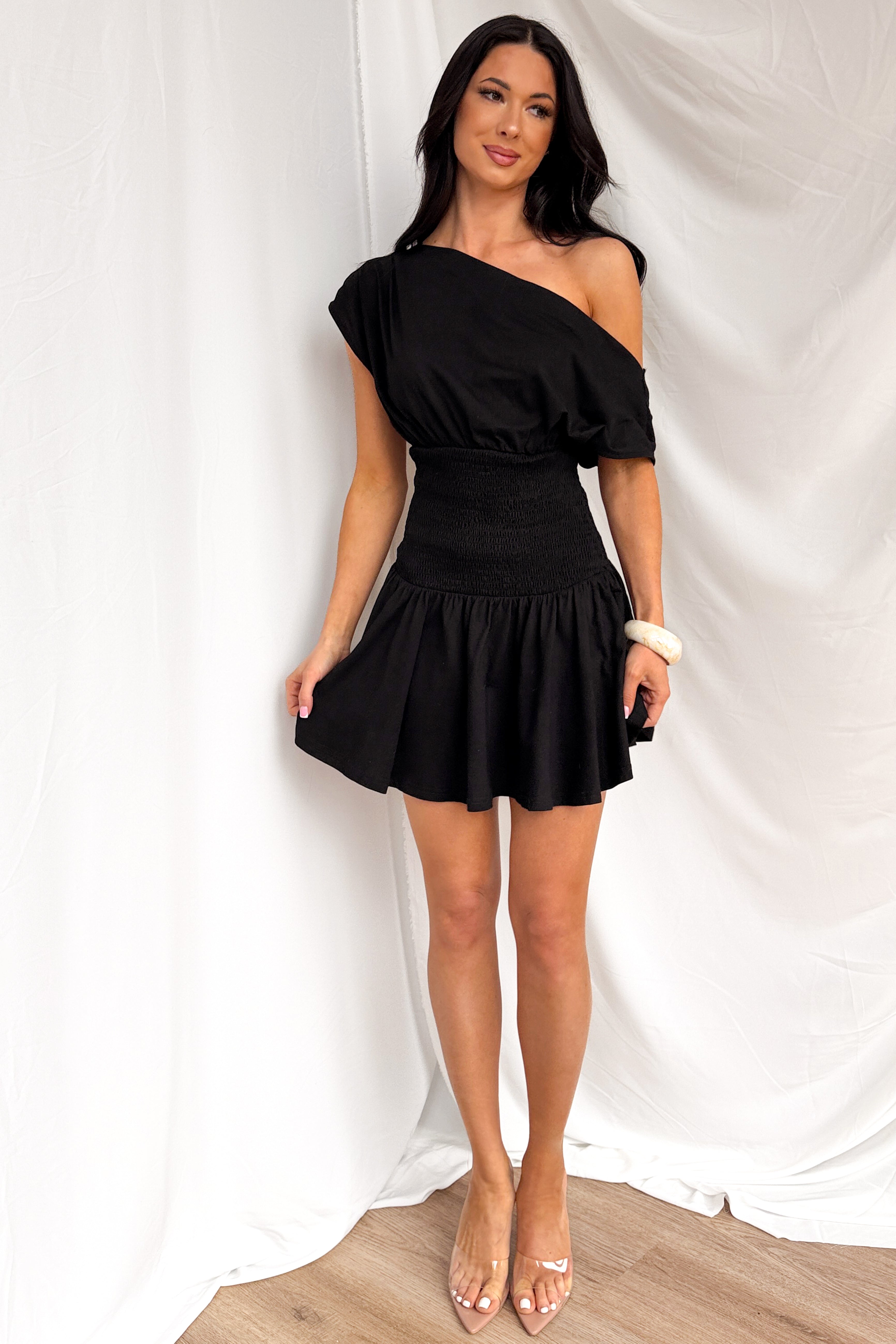 Neutral Ground One Shoulder Smocked Mini Dress (Black) - NanaMacs