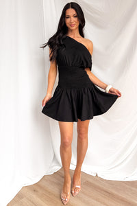 Neutral Ground One Shoulder Smocked Mini Dress (Black) - NanaMacs