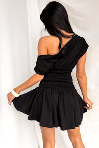 Neutral Ground One Shoulder Smocked Mini Dress (Black) - NanaMacs