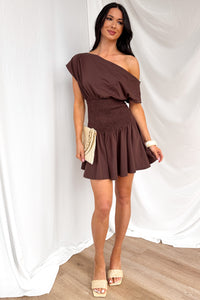 Neutral Ground One Shoulder Smocked Mini Dress (Brown) - NanaMacs