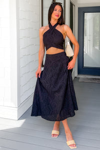 Only For You Eyelet Embroidered Halter Top & Midi Skirt Set (Black) - NanaMacs