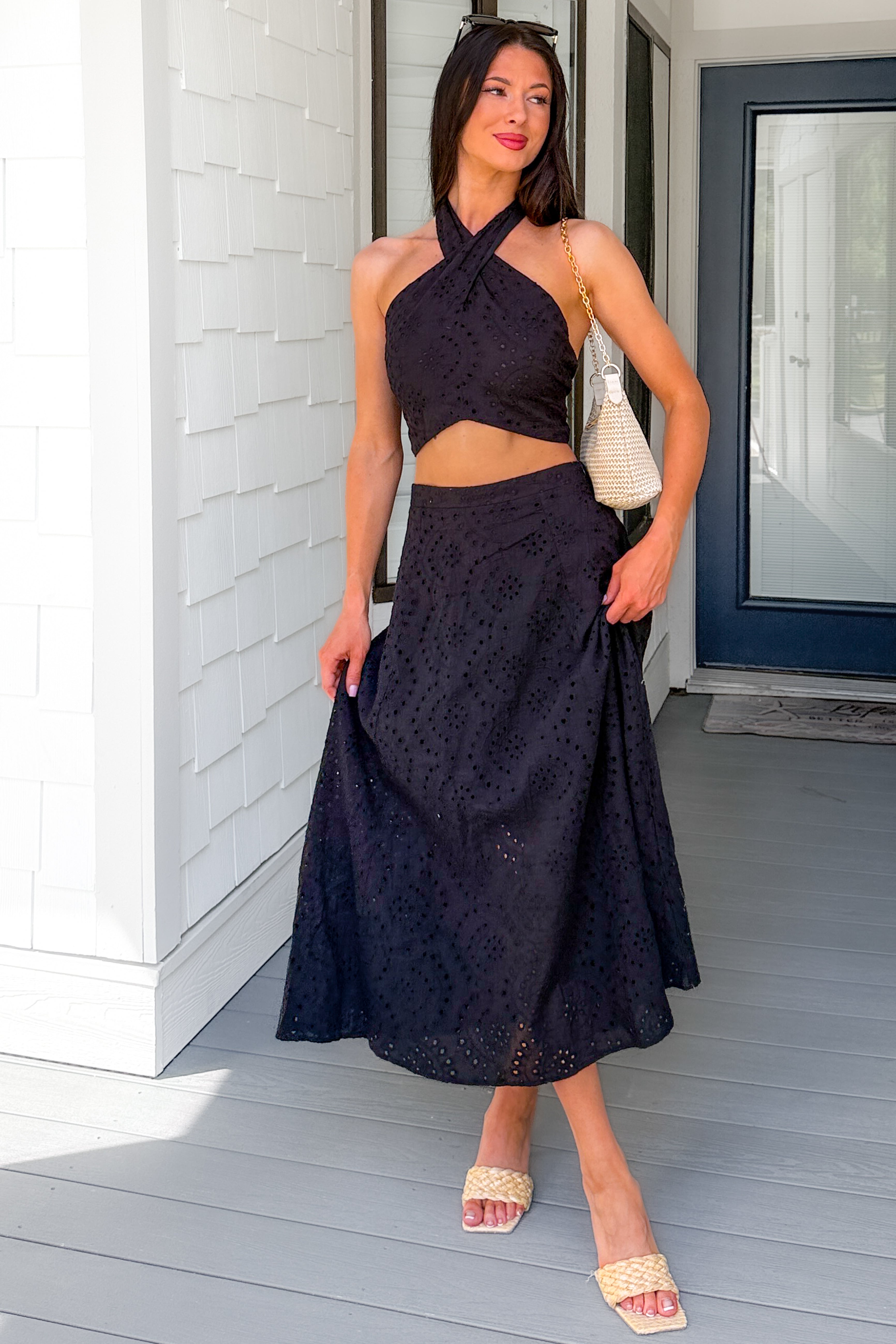 Only For You Eyelet Embroidered Halter Top & Midi Skirt Set (Black) - NanaMacs