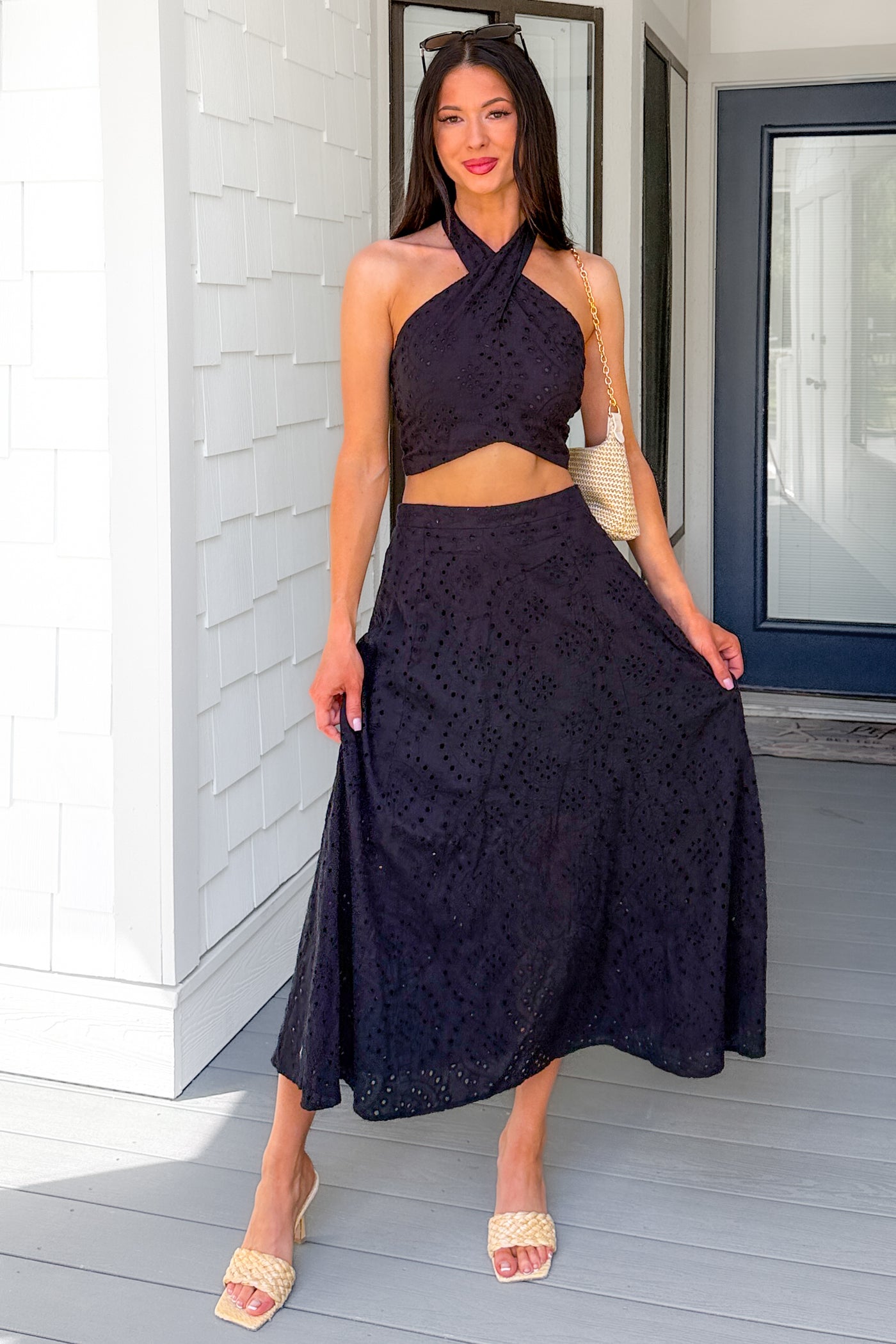 Only For You Eyelet Embroidered Halter Top & Midi Skirt Set (Black) - NanaMacs