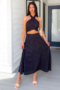 Only For You Eyelet Embroidered Halter Top & Midi Skirt Set (Black) - NanaMacs