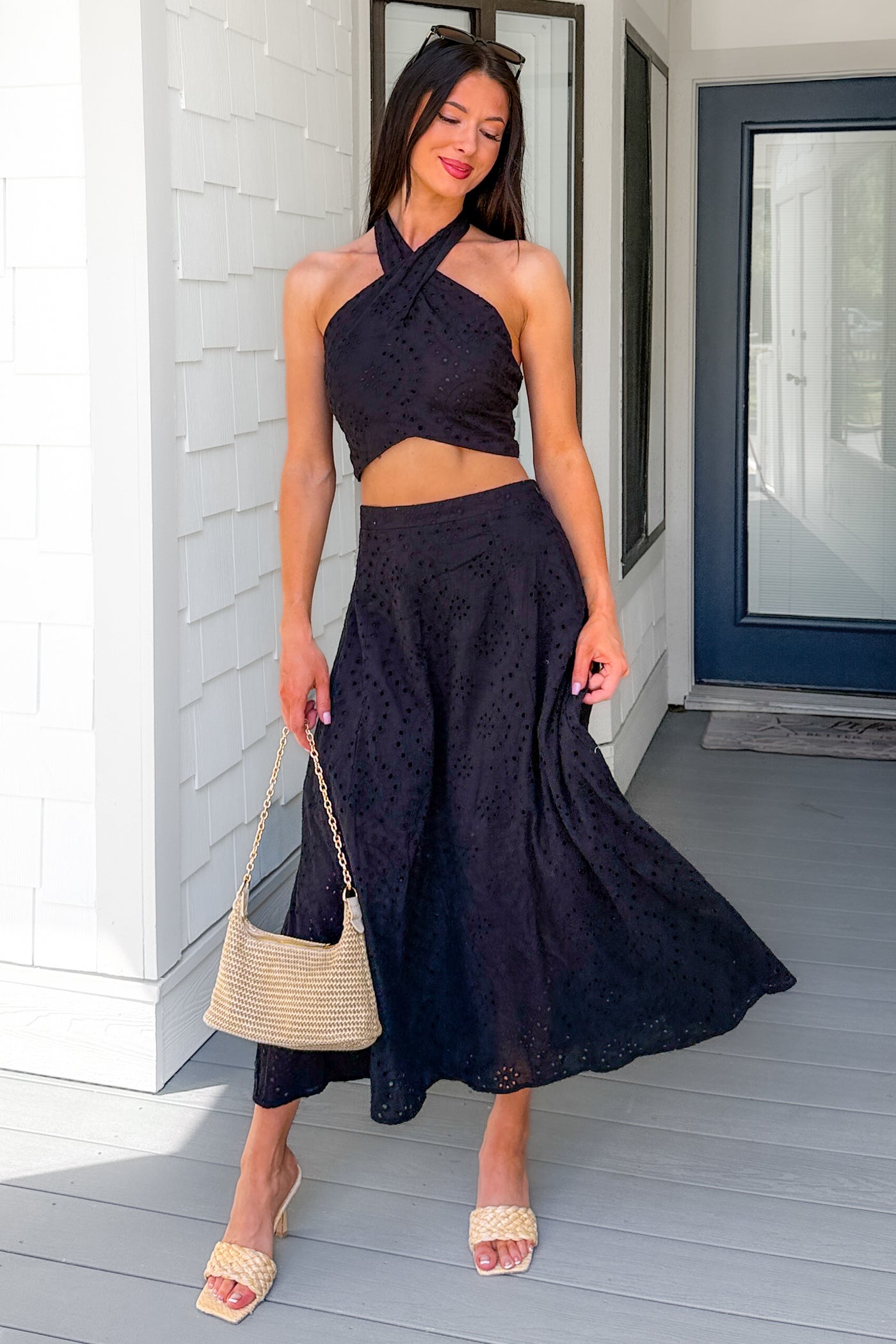 Only For You Eyelet Embroidered Halter Top & Midi Skirt Set (Black) - NanaMacs