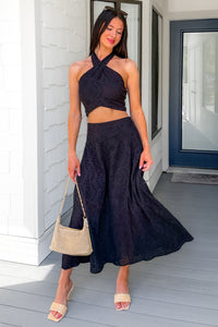 Only For You Eyelet Embroidered Halter Top & Midi Skirt Set (Black) - NanaMacs