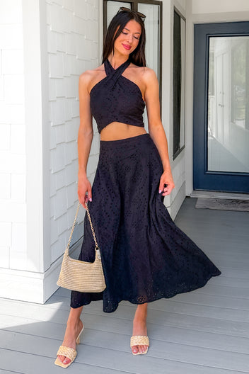 Only For You Eyelet Embroidered Halter Top & Midi Skirt Set (Black) - NanaMacs